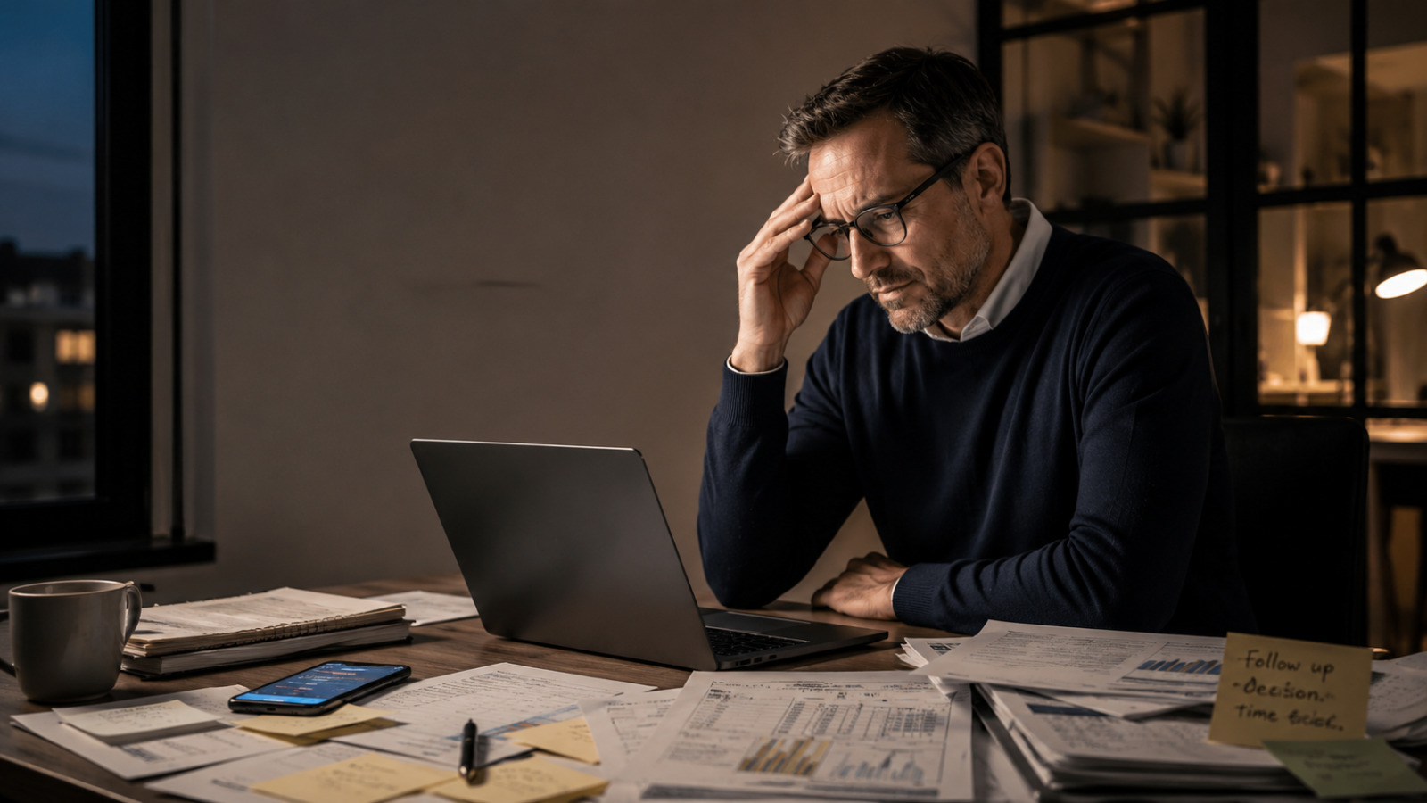 Unternehmer arbeitet überfordert mit Papieren und Laptop