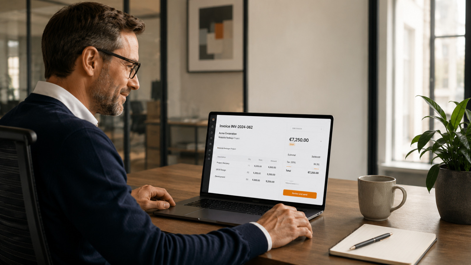 Unternehmer erstellt eine Rechnung in Cap am Laptop